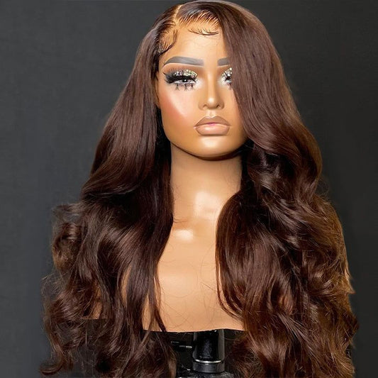 Brown wig on a mannequin head against a dark background