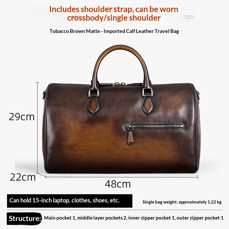 A tobacco brown matte leather travel bag with dimensions labeled (48cm width, 29cm height, 22cm depth) on a white background, with text describing features and capacity.