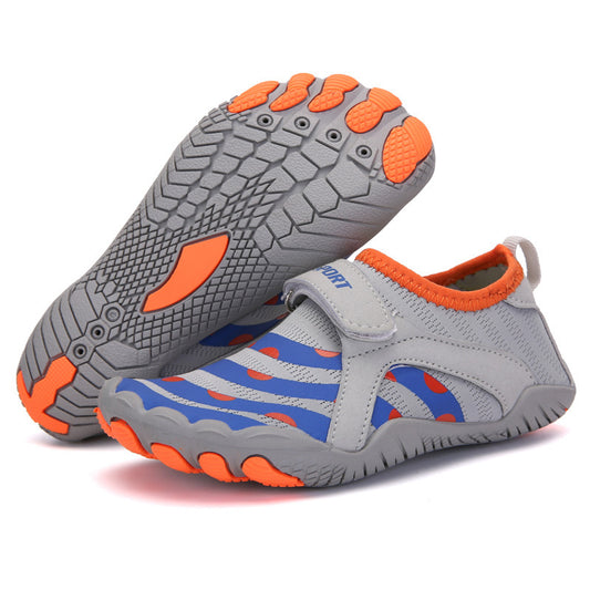Gray and orange children's water shoes with blue pattern on a white background