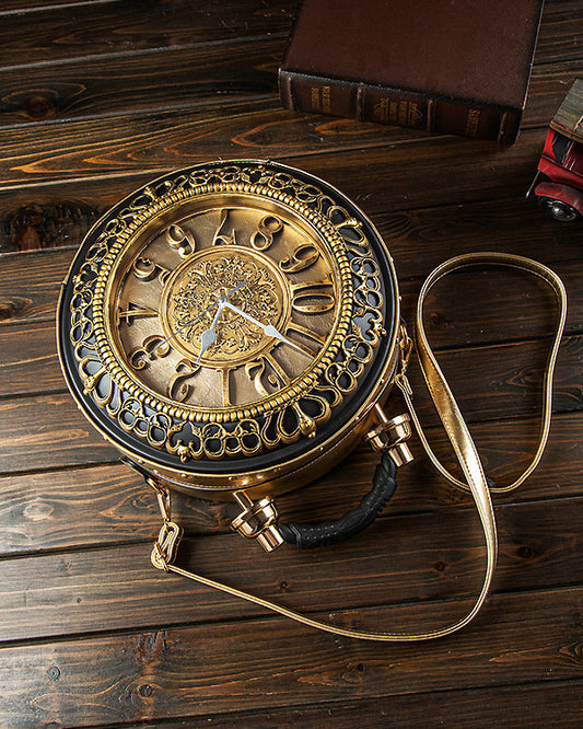 Decorative clock with a strap on a wooden surface