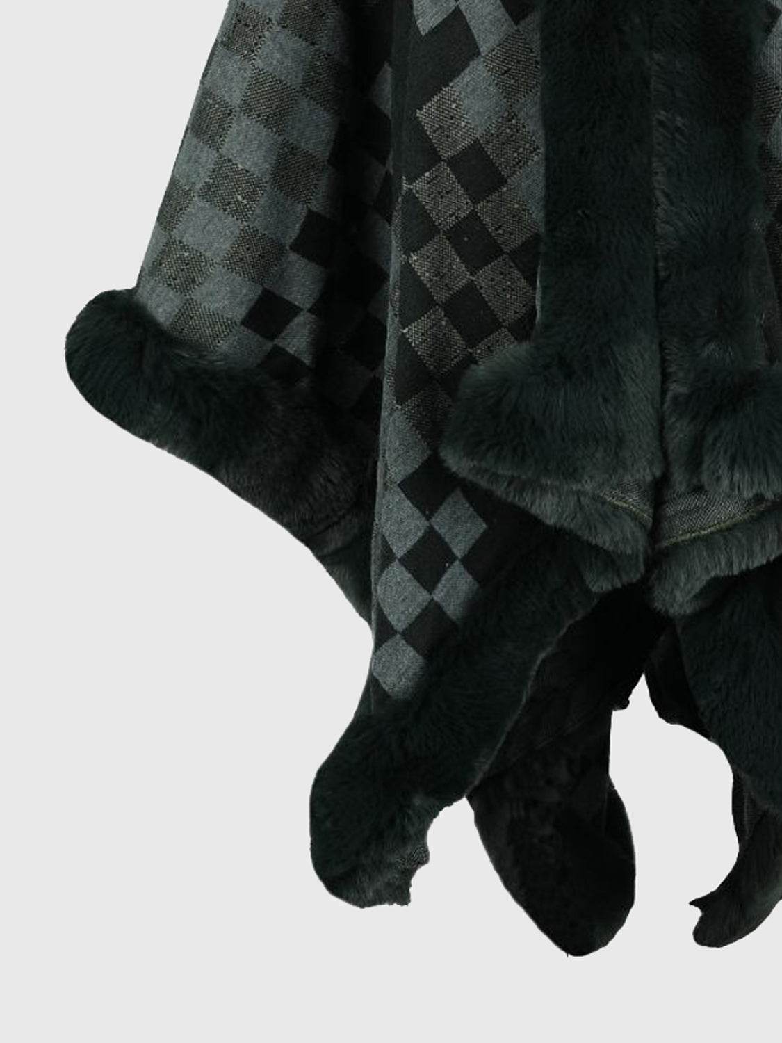 Checkered Faux Fur Trim Poncho - Millivan supplies