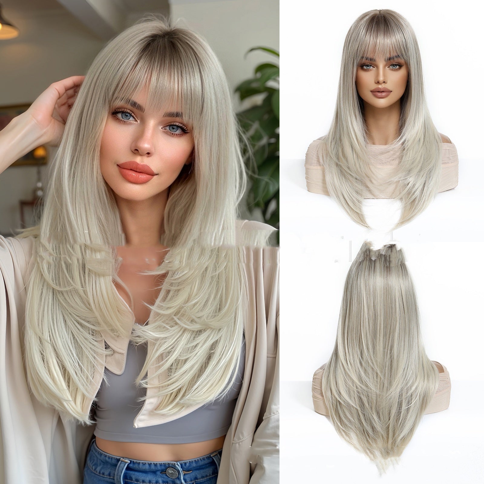 Woman with long blonde wig and close-up of the wig on a white background