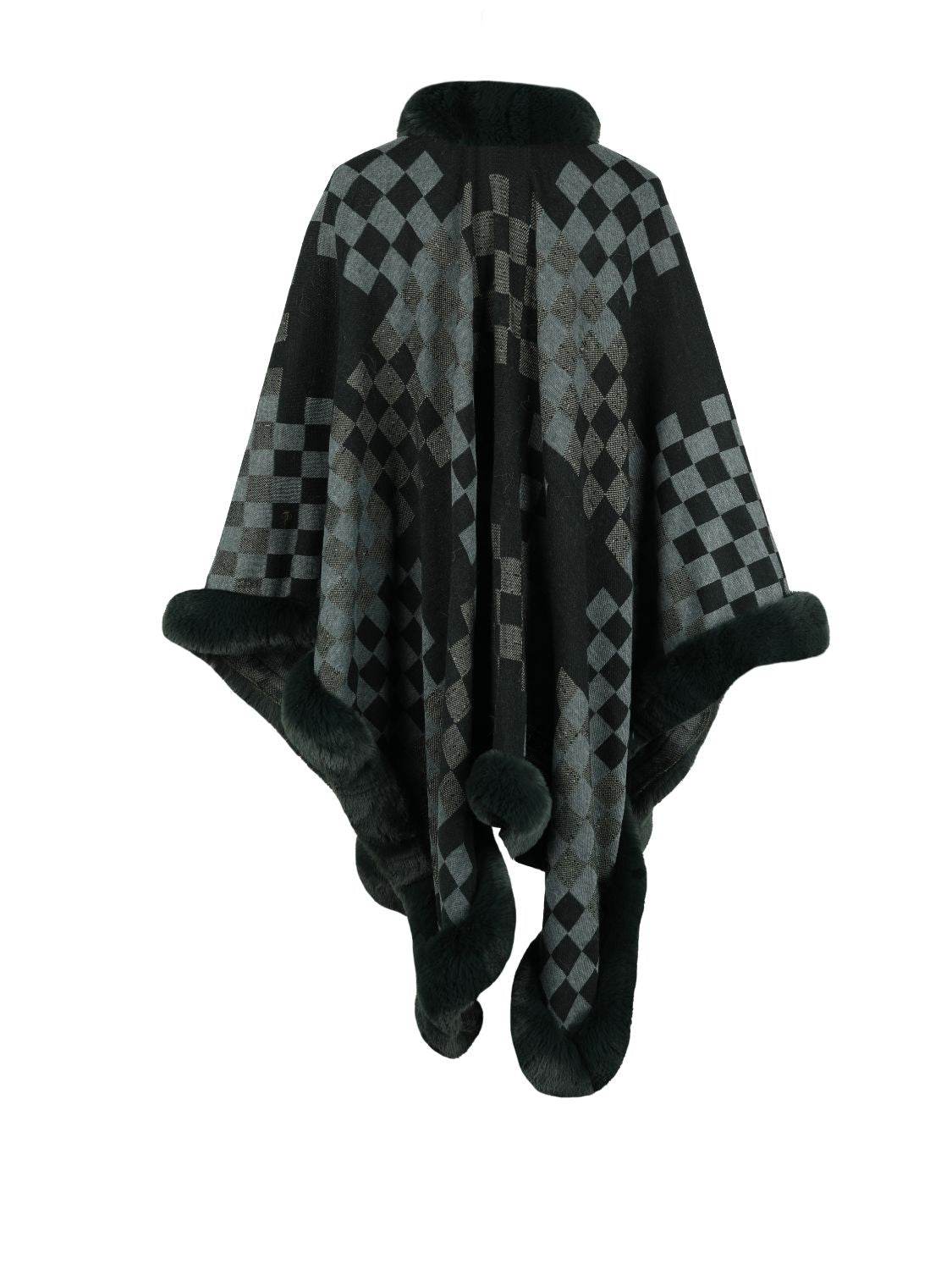 Checkered Faux Fur Trim Poncho - Millivan supplies