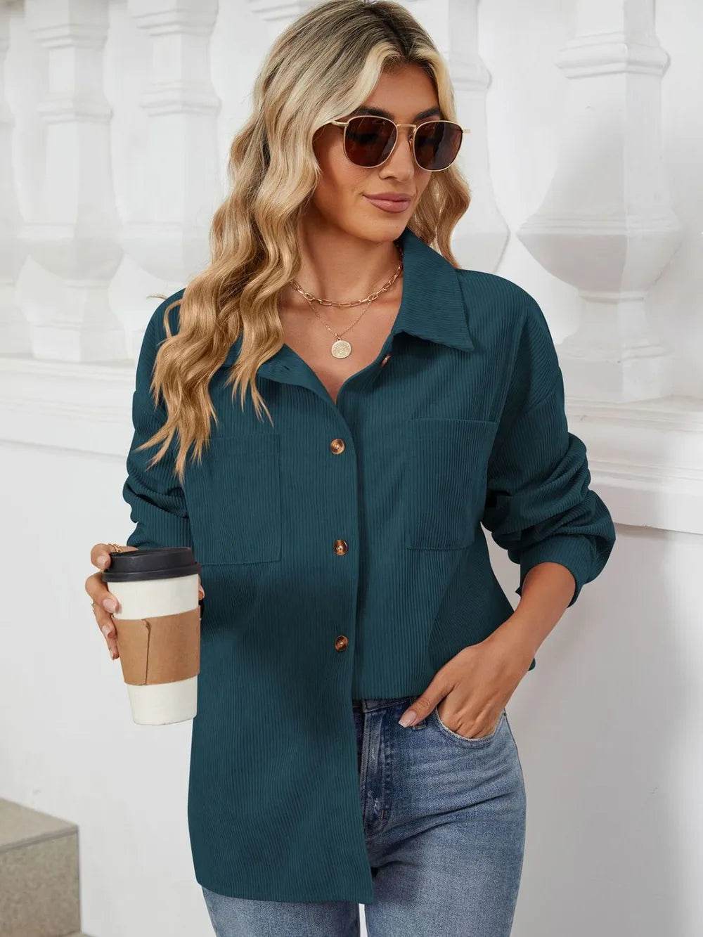 Button Up Dropped Shoulder Long Sleeve Outerwear - Millivan supplies