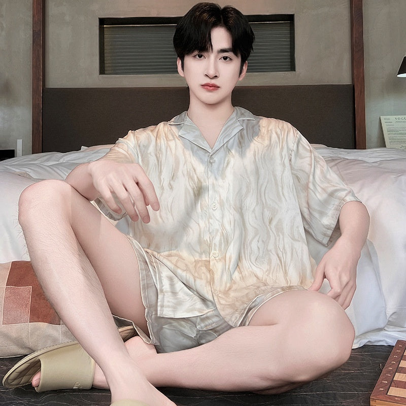 Men's Ice Silk Pajamas - Adult Summer Sleepwear Big Black Plaid