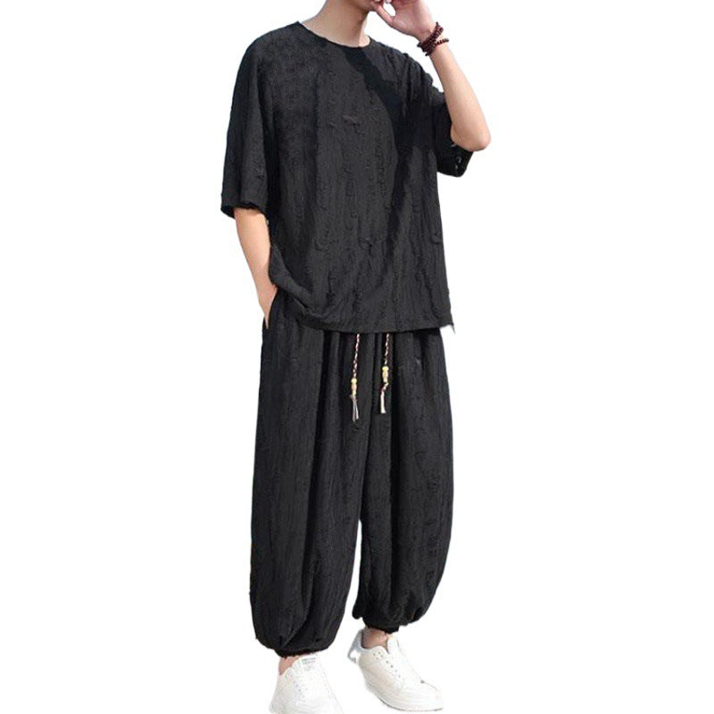 Men's Thin Short-sleeved Two-piece Suit - Black Pants Loose Fit Multiple Sizes