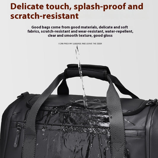 Black duffel bag with water splashing on it against a gray background, text about bag features.