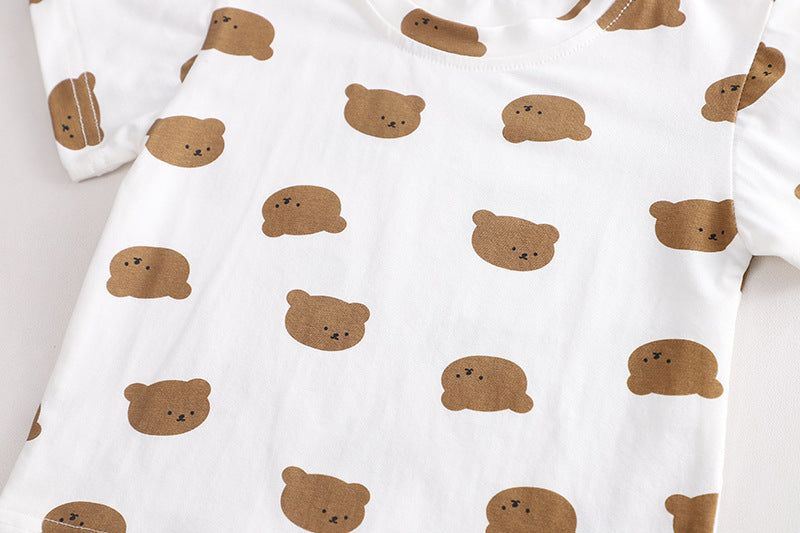 Adorable Bear Brother Two-Piece Baby Outfit - Short Sleeve Top & Strap Pants Set