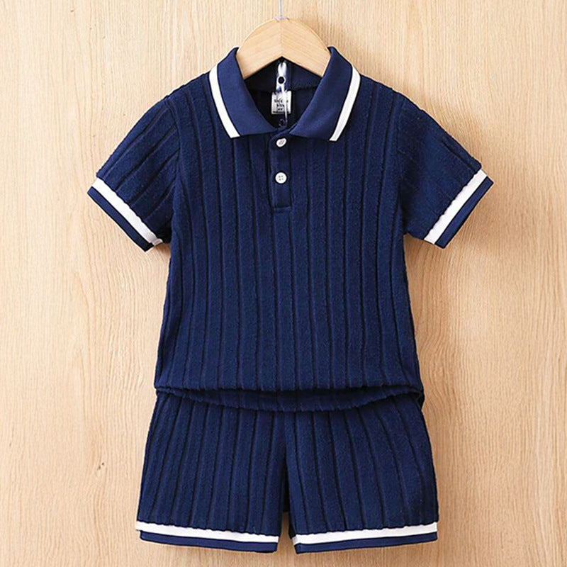 Children's Polo Collar Striped Shorts - Unisex Kids Summer Wear