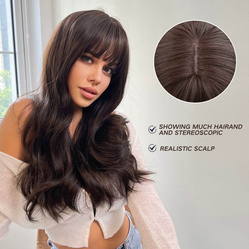 Long Brown Wigs With Bangs Wave Synthetic For Women - Millivan supplies