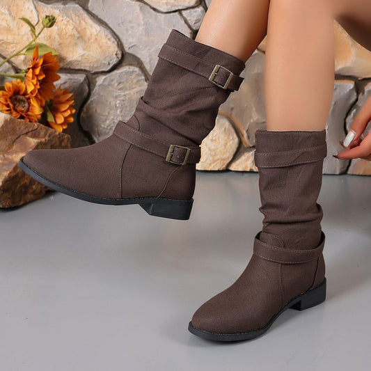 Le Denim Haut — Leather-Stitch Slip-On Square-Heel Knee-High Boots
