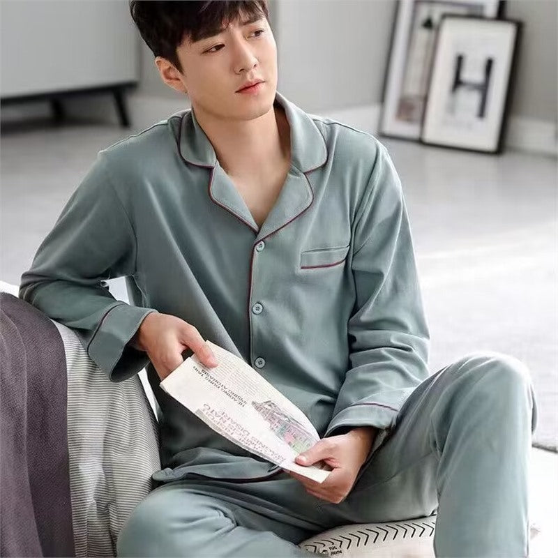 Men's Cotton Pajama Suit - Adult Autumn Winter Long-Sleeve Home Wear