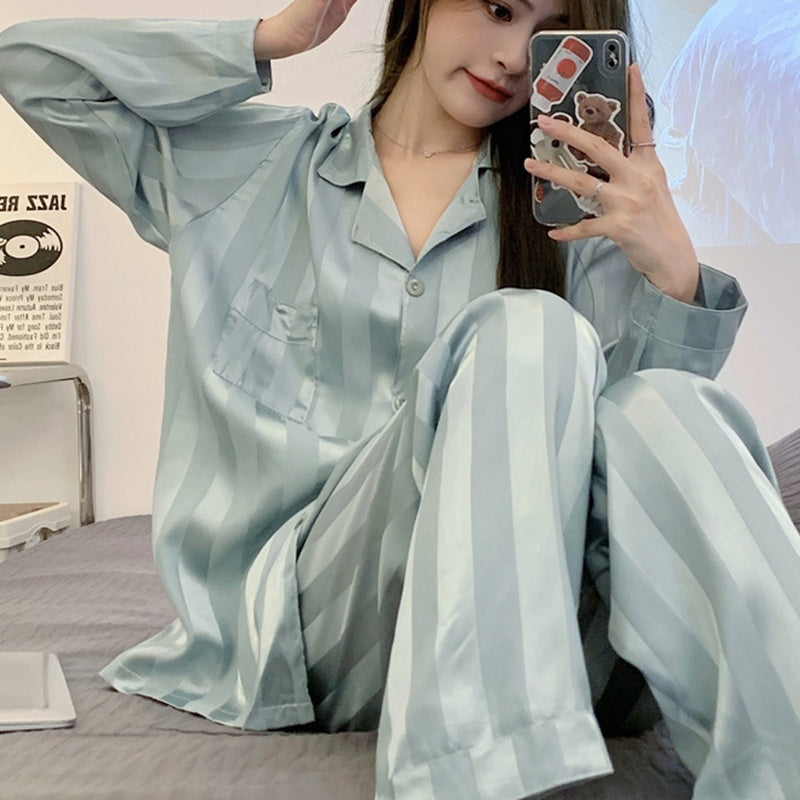 Women's Ice Silk Pajama Set - Adult Long Sleeve Home Sleepwear