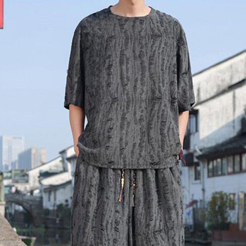 Men's Thin Short-sleeved Two-piece Suit - Black Pants Loose Fit Multiple Sizes