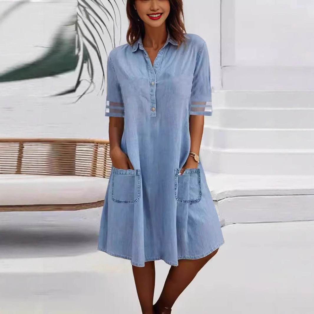 Mesh Stitching Solid Color Denim Short Sleeve Dress Dress - Millivan supplies