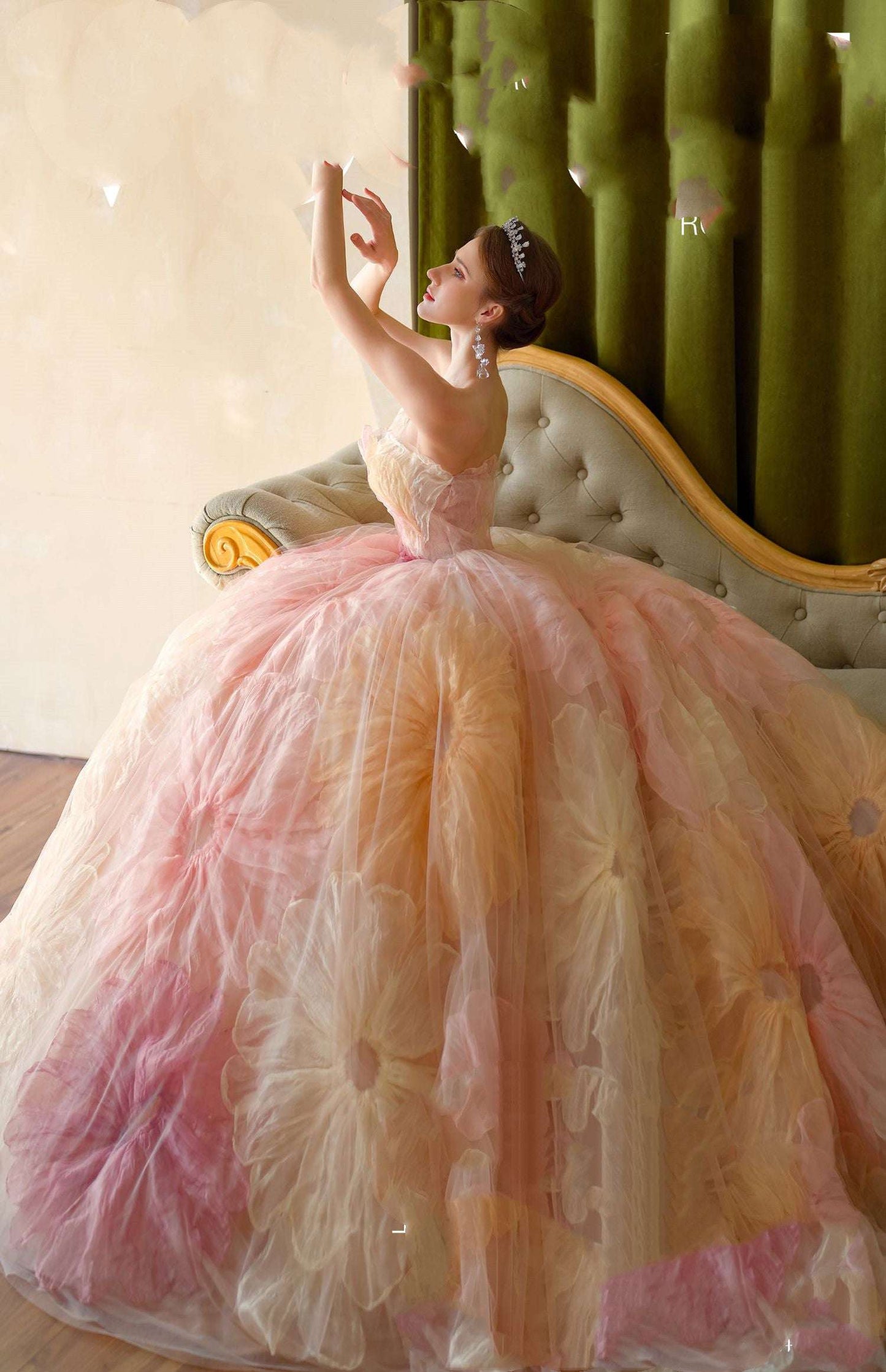 Sweet Mesh Bustier Bridal Gown with Train & Veil | Pink | S–XL