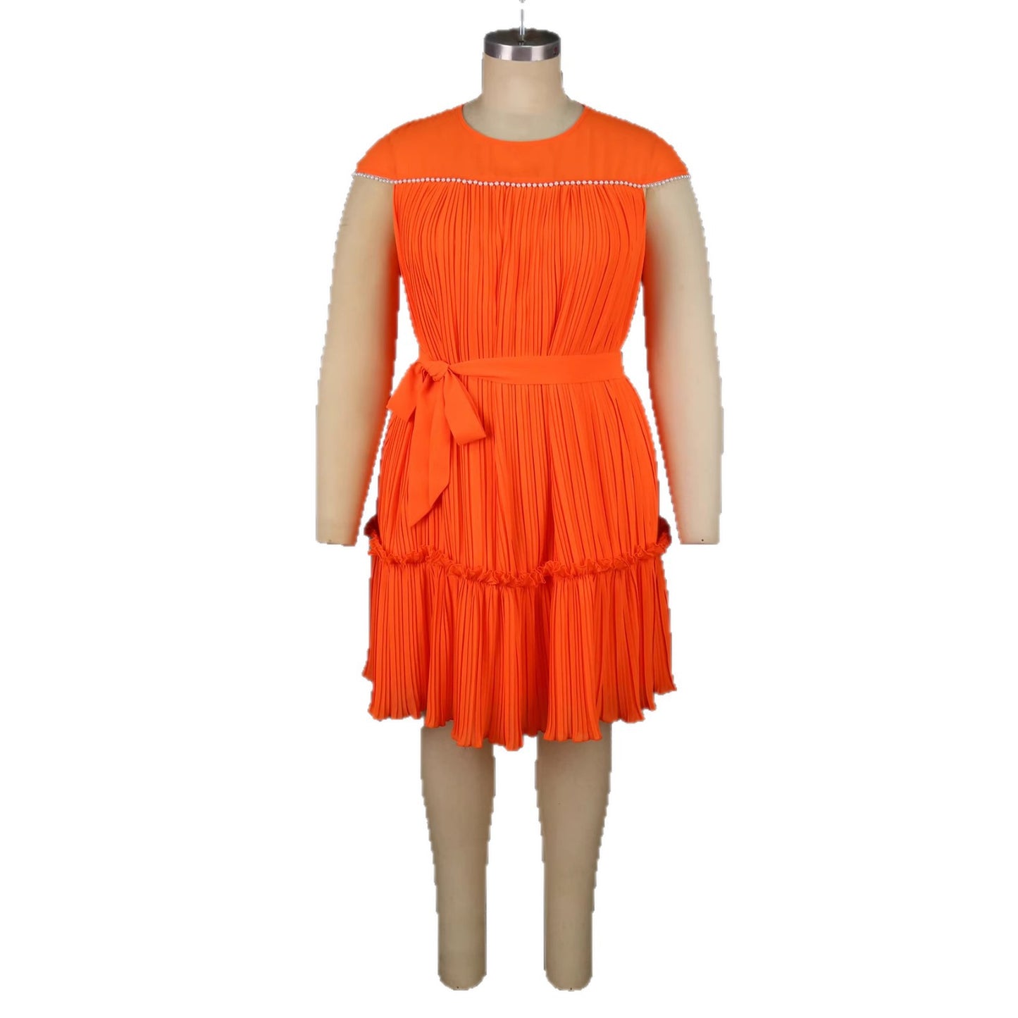 Orange pleated dress on a mannequin against a white background by millivan