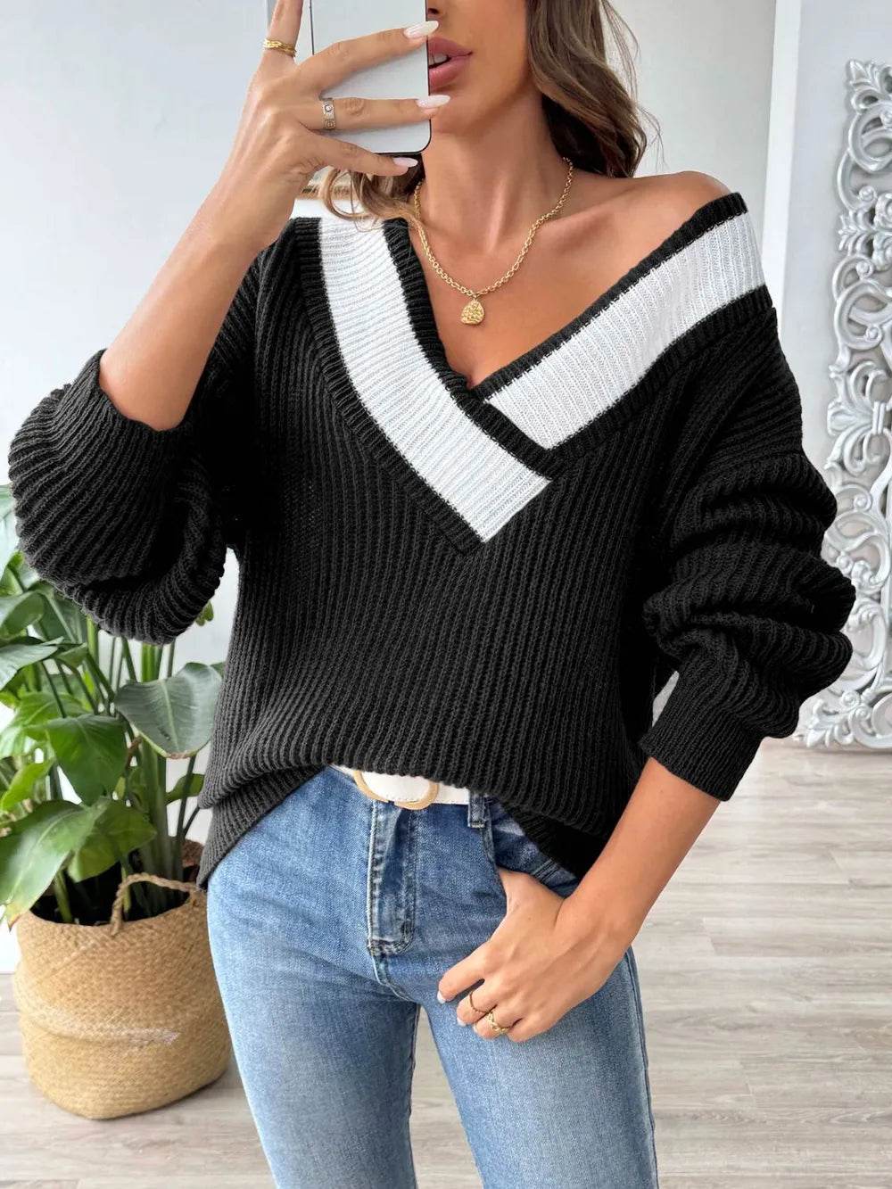 Contrast Dropped Shoulder Long Sleeve Sweater - Millivan supplies