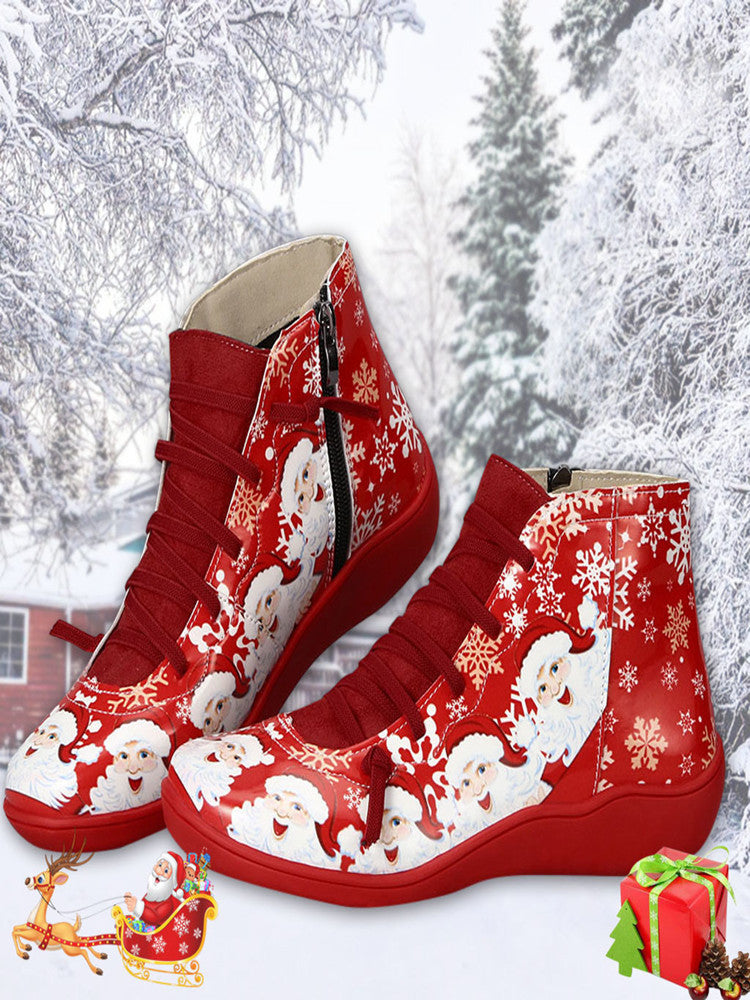 Red high-top sneakers with Santa Claus design on a snowy background