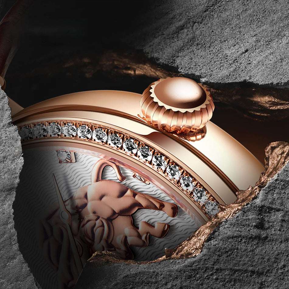 Men's Diamond-Embedded Commemorative Mechanical Watch – Antique Style Genuine Leather Strap Waterproof | Rose White