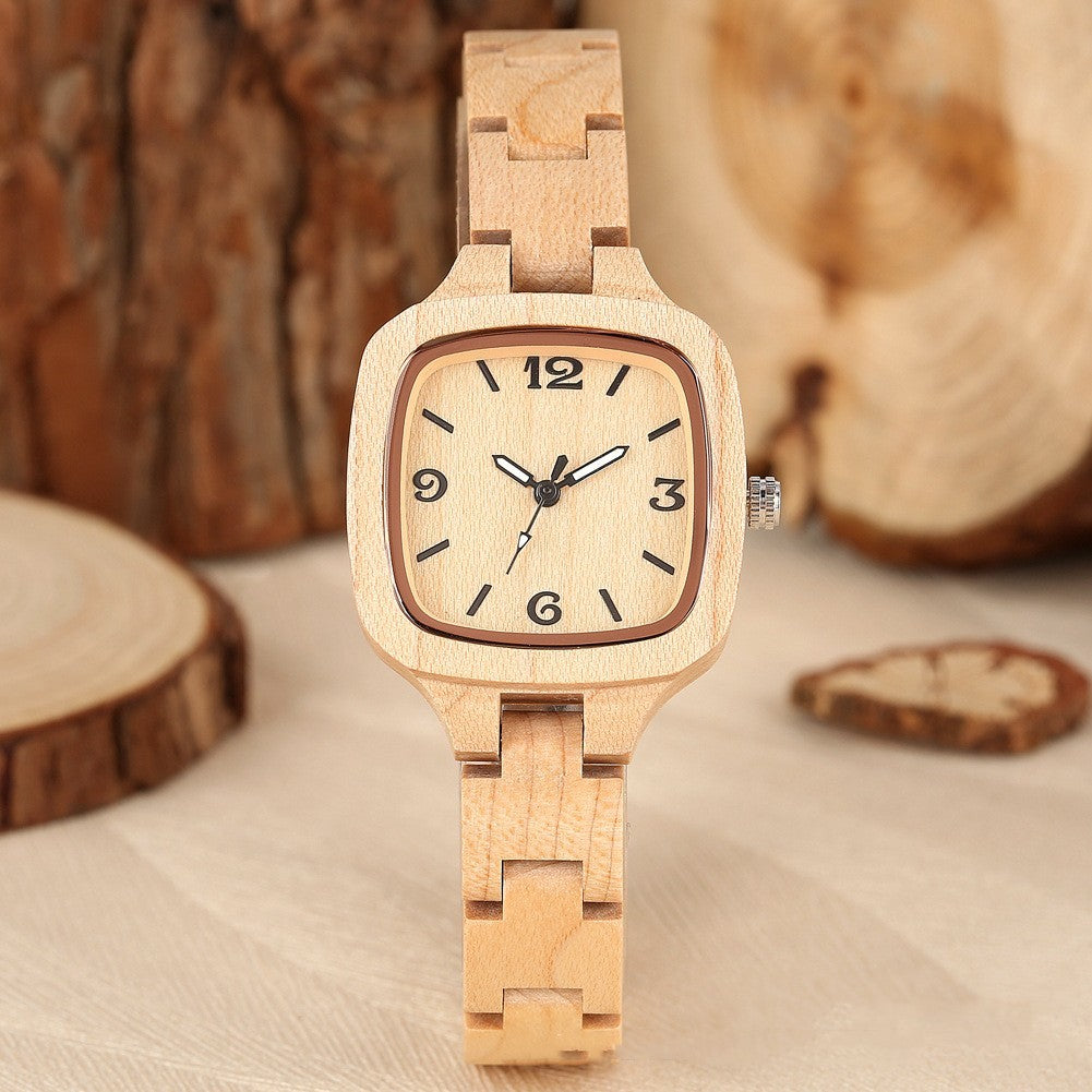 Bamboo Wood Square Watch - Gold Digital Face