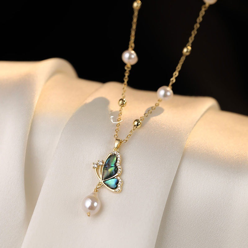 Abalone Shell Butterfly Necklace Ear Stud Ring Suit