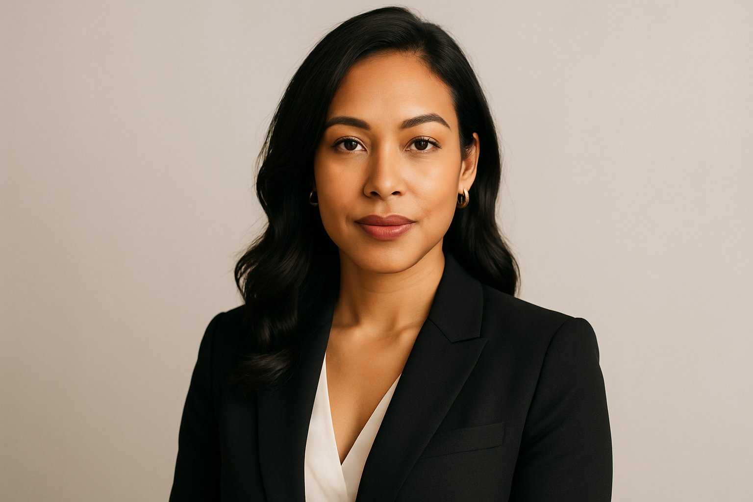 Professional headshot of a stylish woman, well-dressed, diverse ethnicity, clean background