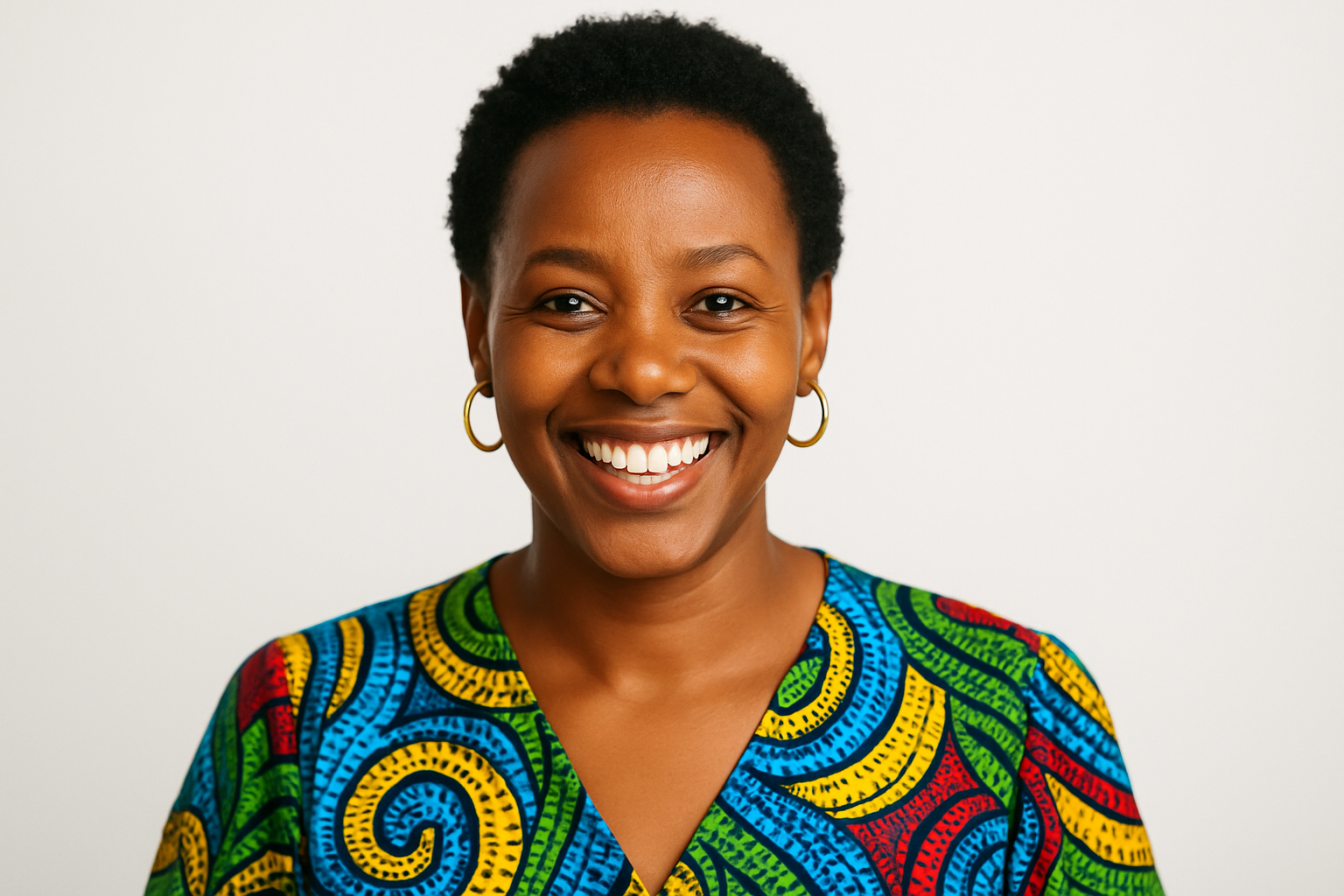Rwandan Customer with Bright Smile and Colorful Clothing