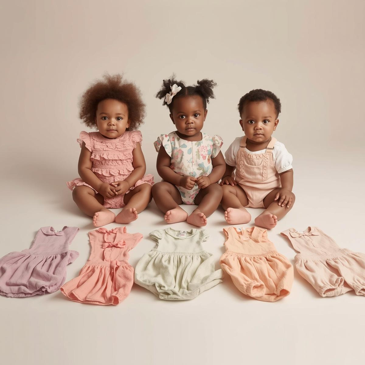  Four diverse baby girls of different ages modeling premium clothing sets - dress, romper, tutu, and formal sets for Millivan Supplies Baby Girls' Fashion Collection.
