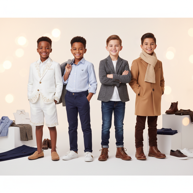 ALT TEXT: Four diverse boys of different ages modeling premium fashion - jacket, sweater, t-shirt, and suit styles for Millivan Supplies Boys' Fashion Collection.
