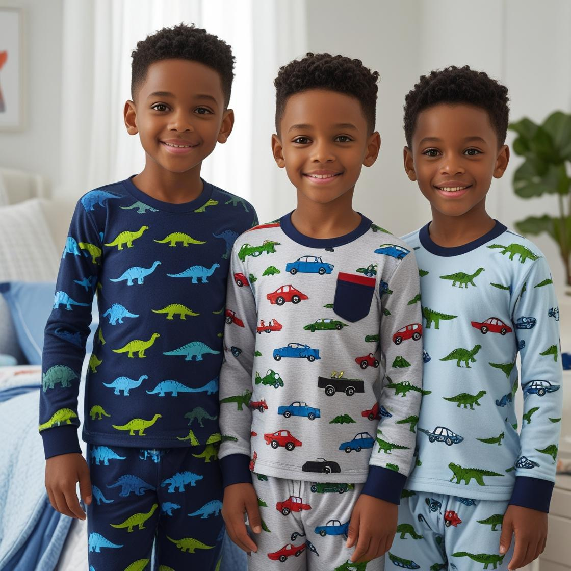 Diverse boys of different ages wearing comfortable sleepwear and underwear in cool colors in a fun bedroom setting - Boys' Intimate & Sleepwear Collection by Millivan Supplies