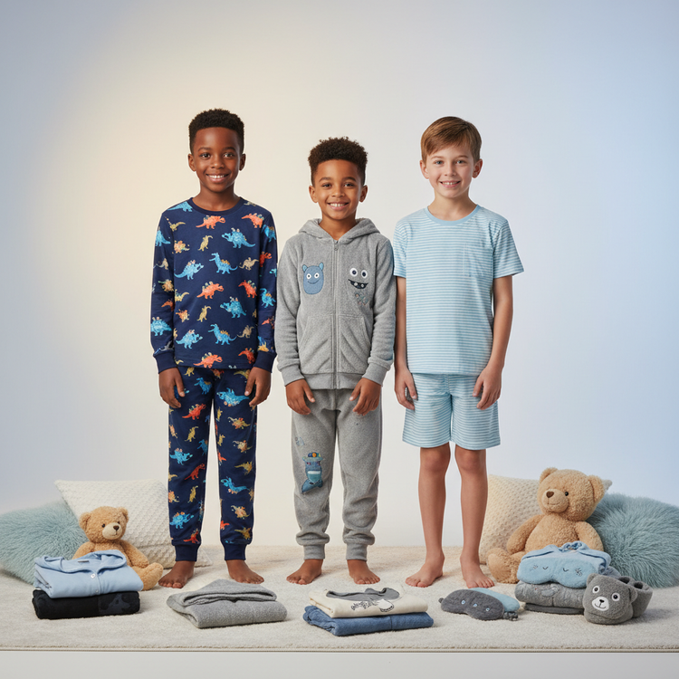 Diverse boys of different ages wearing comfortable sleepwear and underwear in cool colors in a fun bedroom setting - Boys' Intimate & Sleepwear Collection by Millivan Supplies