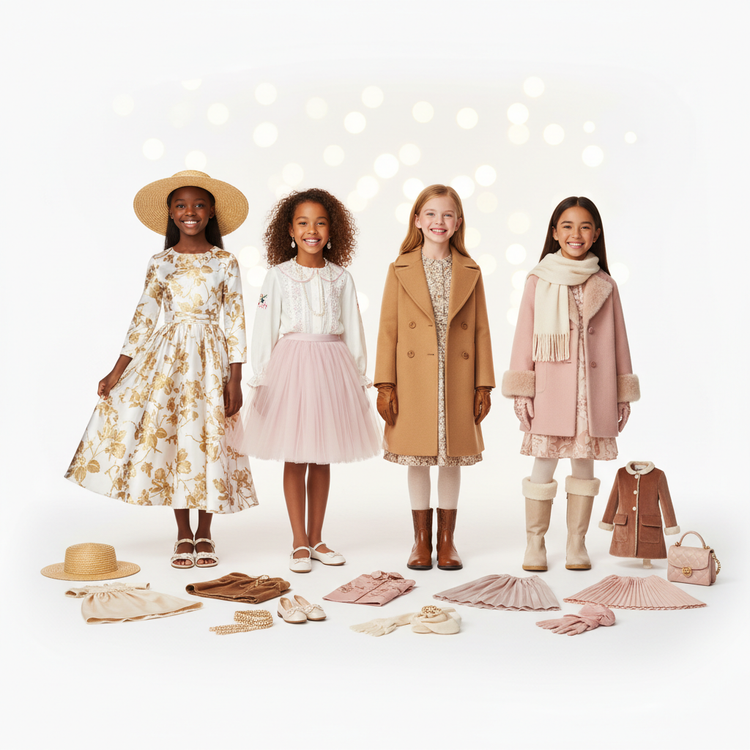 ALT TEXT: Four diverse girls of different ages modeling premium fashion - dress, skirt, pants, and jumpsuit styles for Millivan Supplies Girls' Fashion Collection.