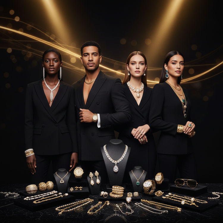 Man and woman modeling premium jewelry and accessories - wearing watches, necklaces, and luxury pieces for Millivan Supplies Jewelry and Accessories Collection.