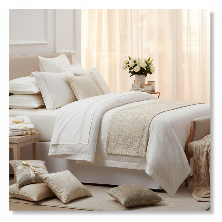Premium bed linens and luxury bedding accessories in royal colors on grand king size bed - expensive sheets, blankets, and pillows by Millivan Supplies