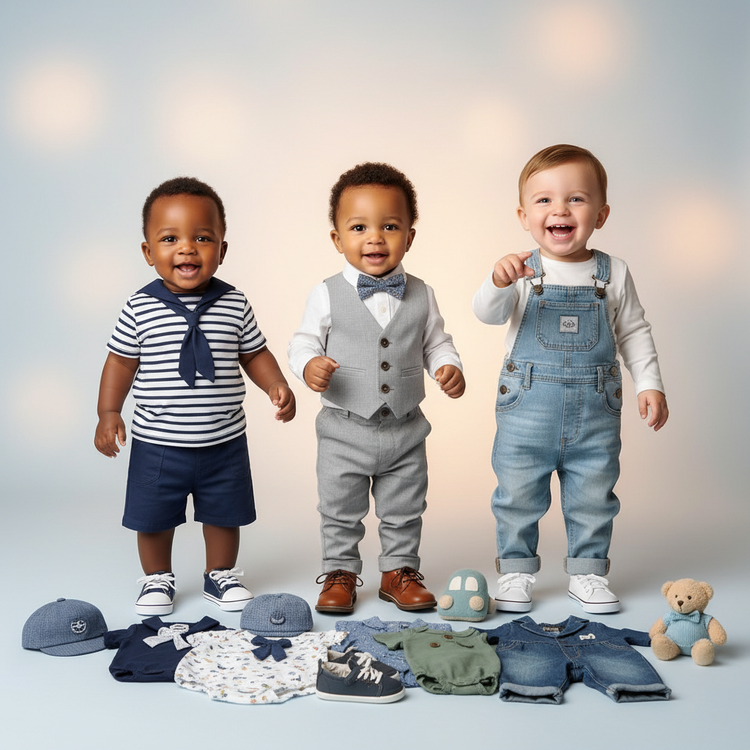 Four diverse baby boys of different ages modeling premium clothing sets - onesie, romper, outfit, and formal sets for Millivan Supplies Baby Boys' Fashion Collection.