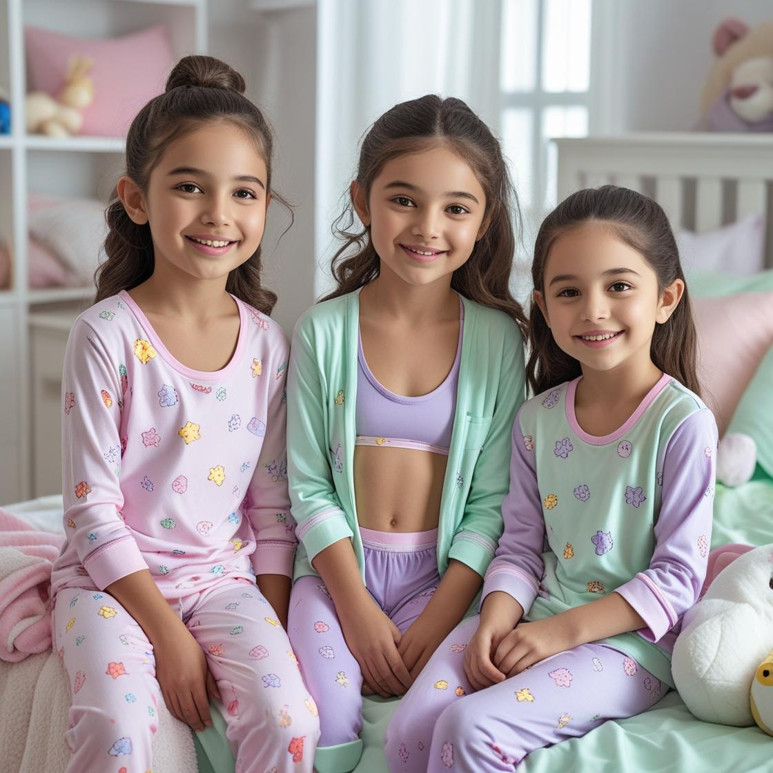 Happy girls of different ages wearing comfortable pajamas and underwear in soft pastel colors in a cozy bedroom setting - Girls' Intimate & Sleepwear Collection by Millivan Supplies