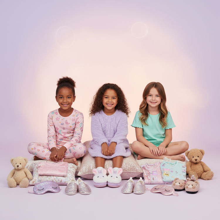 Happy girls of different ages wearing comfortable pajamas and underwear in soft pastel colors in a cozy bedroom setting - Girls' Intimate & Sleepwear Collection by Millivan Supplies