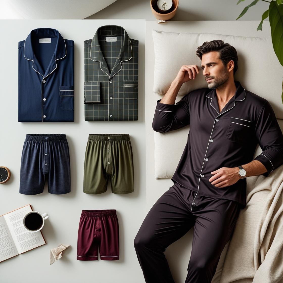Premium men's pajamas and underwear in sophisticated colors displayed in minimalist lifestyle setting - Men's Premium Sleepwear Collection by Millivan Supplies