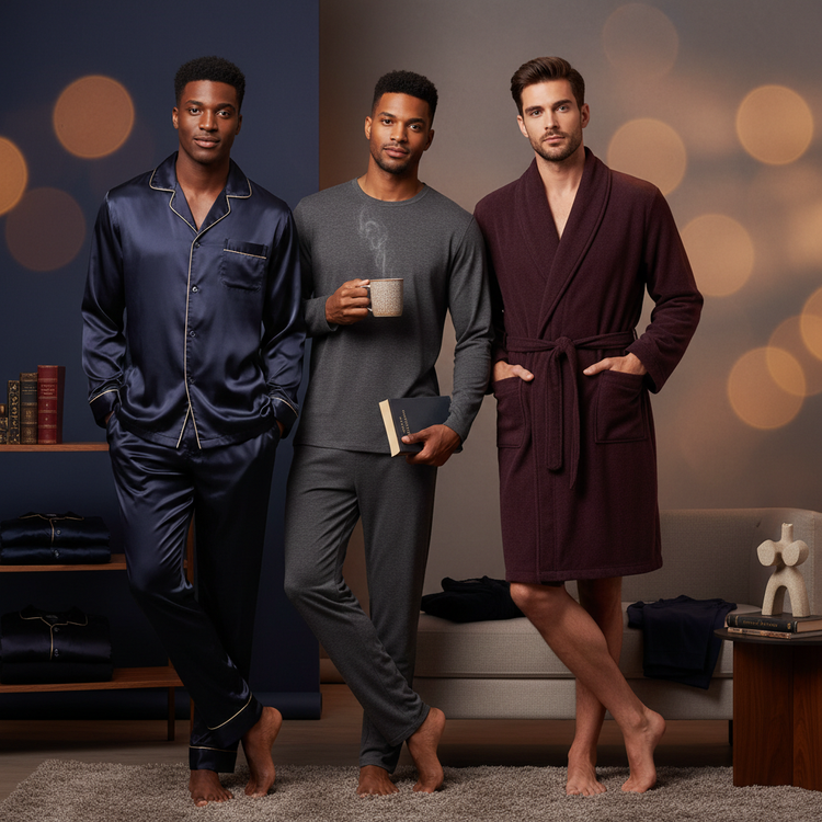 Premium men's pajamas and underwear in sophisticated colors displayed in minimalist lifestyle setting - Men's Premium Sleepwear Collection by Millivan Supplies