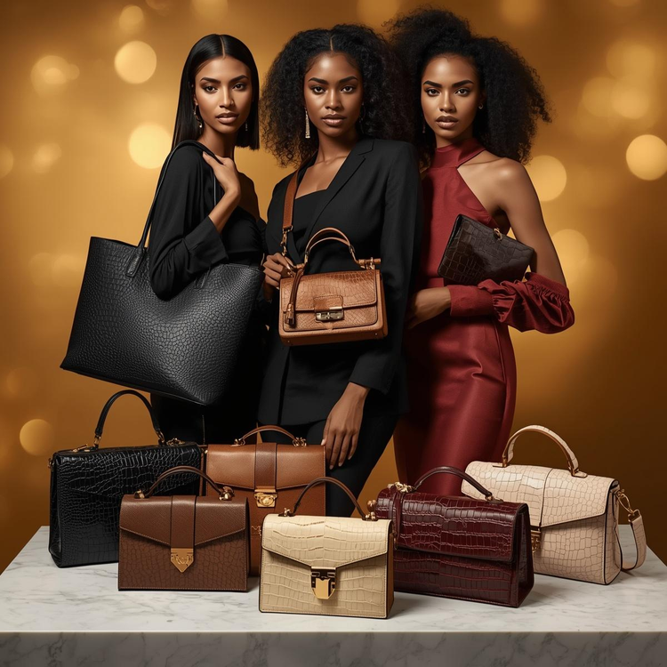 Luxury handbags collection featuring black tote bag, brown crossbody bag, cream clutch and burgundy shoulder bag arranged on marble background for Millivan Supplies