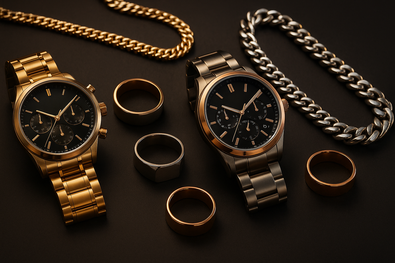 Men's Watches & Jewelry Collection - Premium accessories including luxury watches, rings, chains and bracelets on elegant dark background