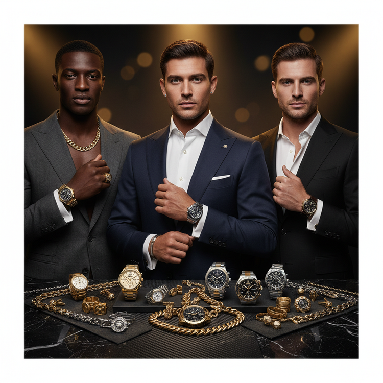 Men's Watches & Jewelry Collection - Premium accessories including luxury watches, rings, chains and bracelets on elegant dark background