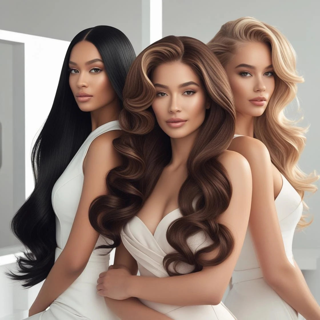 Three beautiful women showcasing different hairstyles - straight black hair, curly brown hair, and wavy blonde hair - premium hair collection for Millivan Supplies