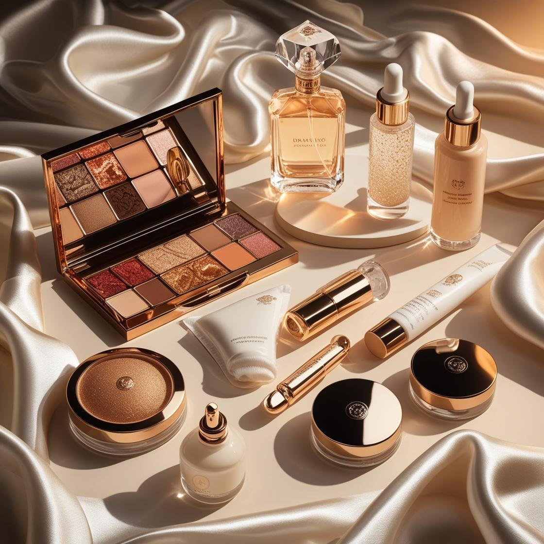 Elegant arrangement of women's cosmetics featuring lipsticks, face creams, anti-aging serums, body lotions and luxury perfume bottles
