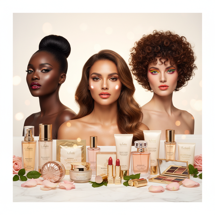 Elegant arrangement of women's cosmetics featuring lipsticks, face creams, anti-aging serums, body lotions and luxury perfume bottles