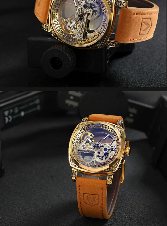 Men's Vintage Automatic Mechanical Watch – See-Through Case Back 42mm Genuine Cowhide Leather Strap | Gold Shell