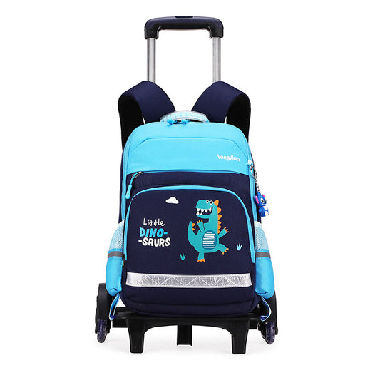 Navy and blue backpack with wheels and dinosaur design on a white background