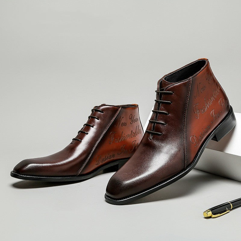 Pair of brown leather dress shoes on a light gray background