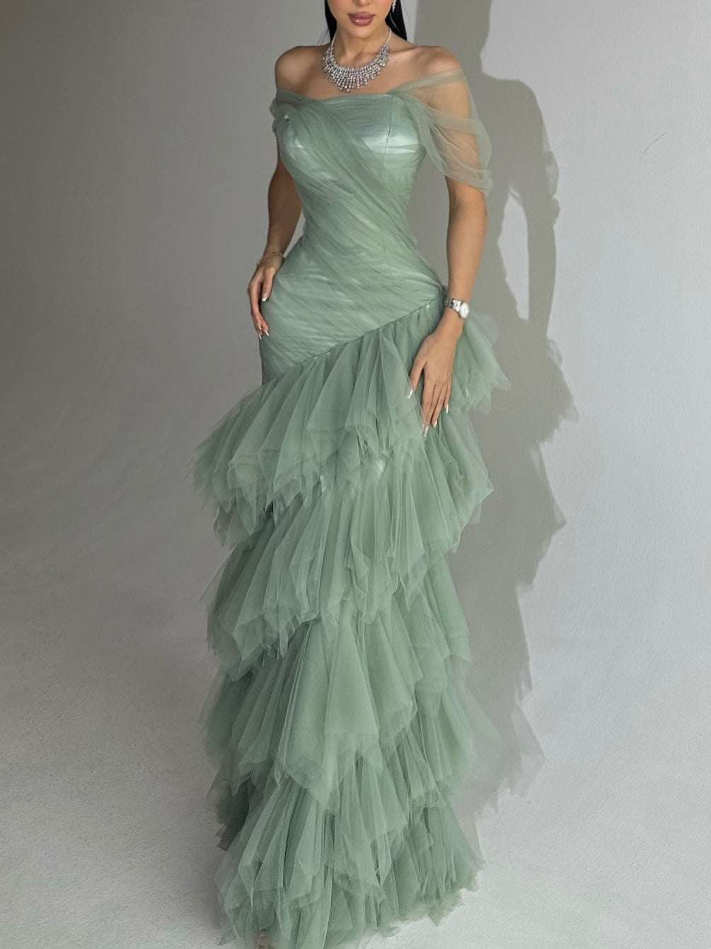 Women's Strapless Mermaid Maxi Dress With Layered Tulle Skirt | Sage Green | XS–XL